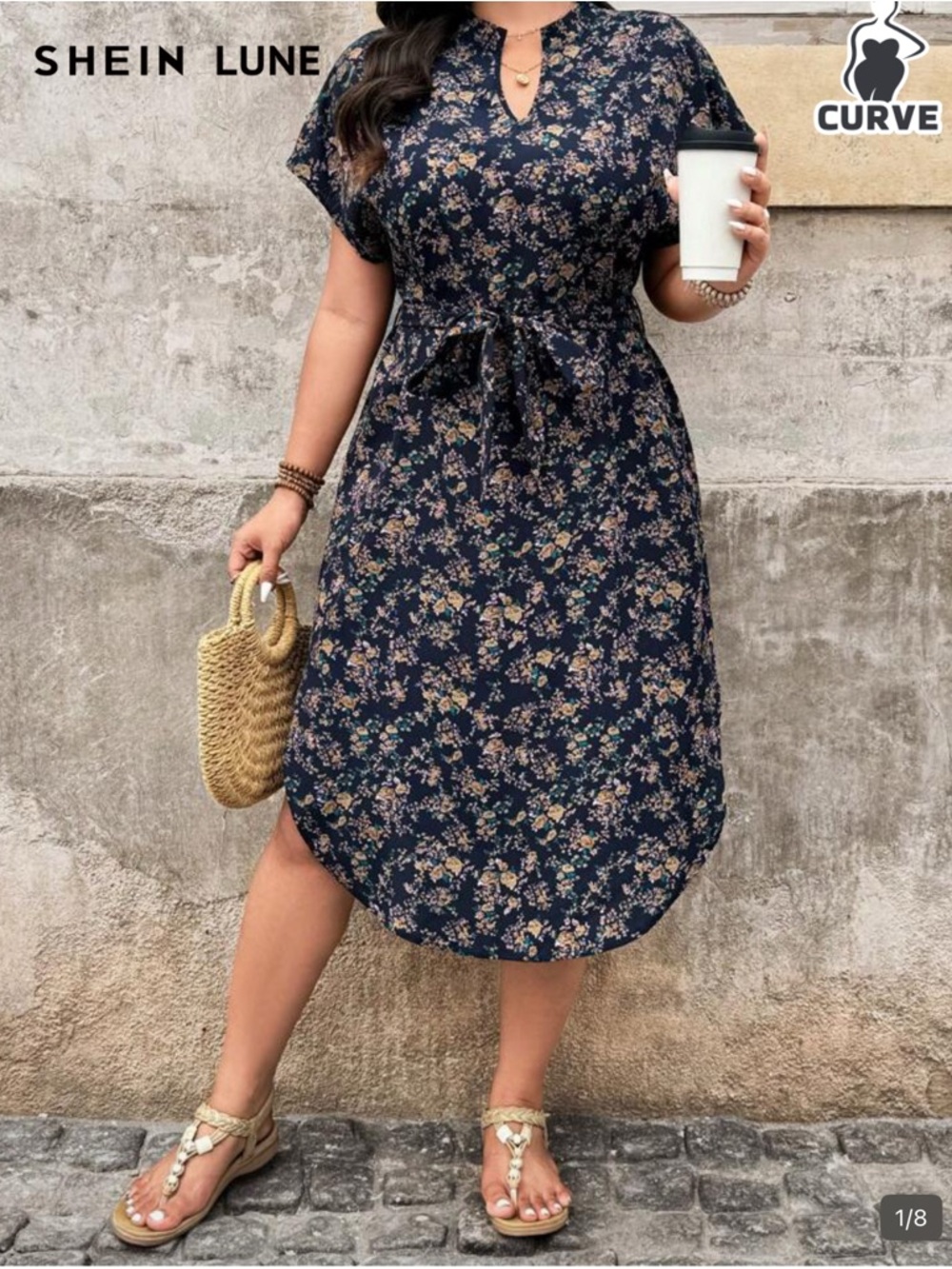 SHEIN Navy Floral Tie-Waist Midi Dress New in Original Packaging